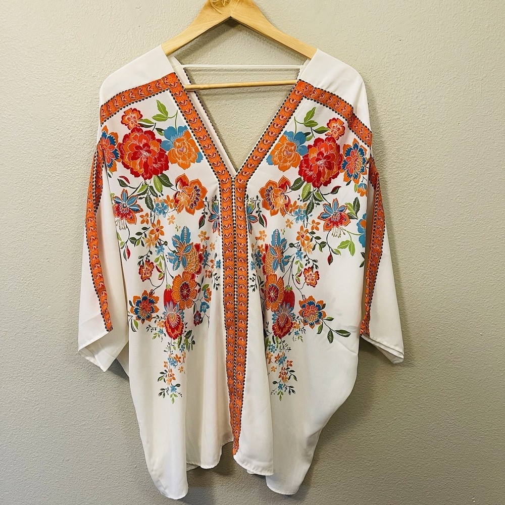Rose & Olive Vibrant Floral Top Farm Rio Inspired Boho Maximalist Plus Size 1X - Picture 1 of 8